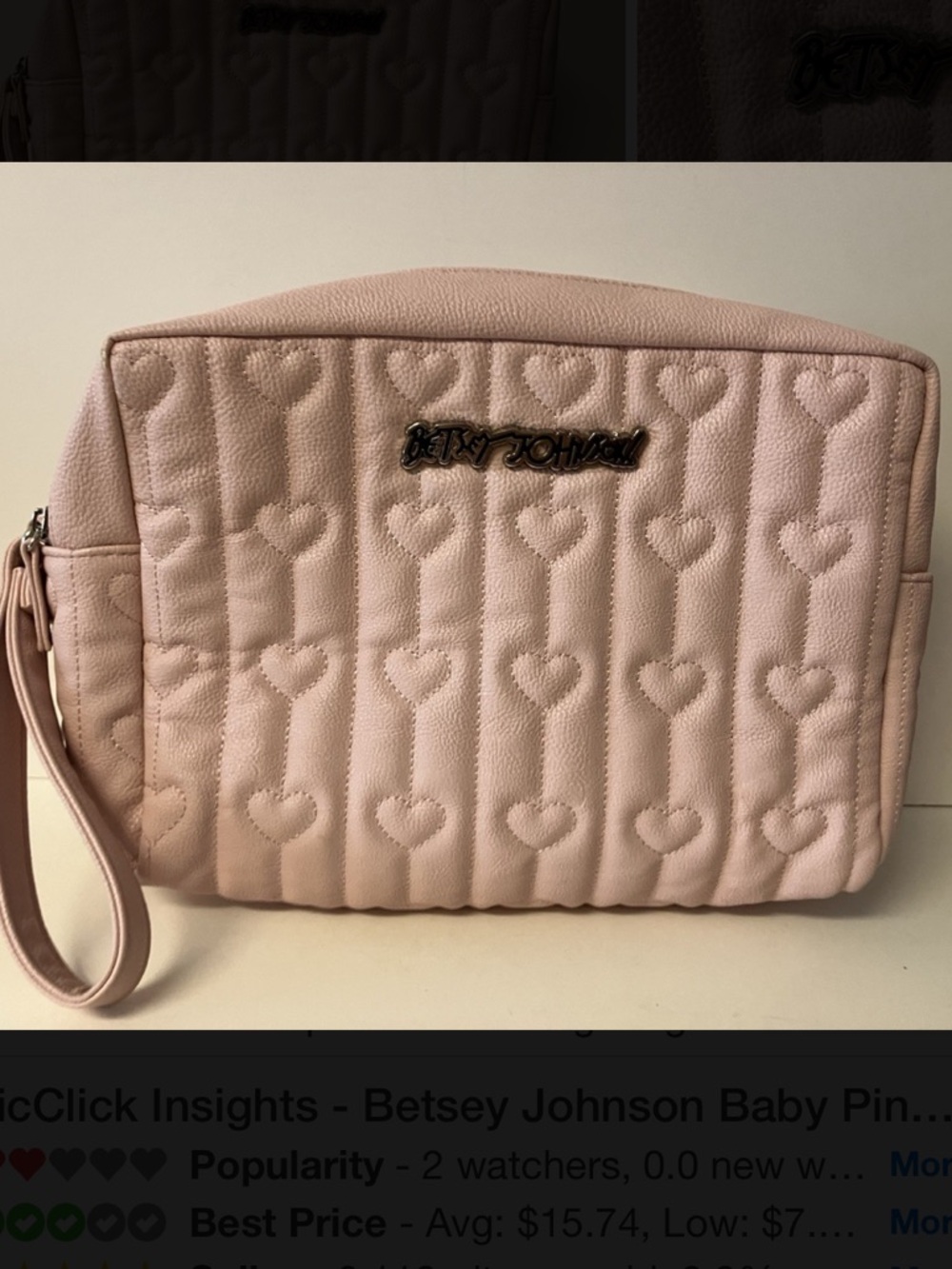 Betsey Johnson Quilted Heart Makeup Bag - Baby Pink Be Mine," "Y2K," "Wristlet